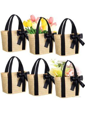 Woven Straw Tote Bags with Bows - Set of 6 Bridesmaid Beach Bags